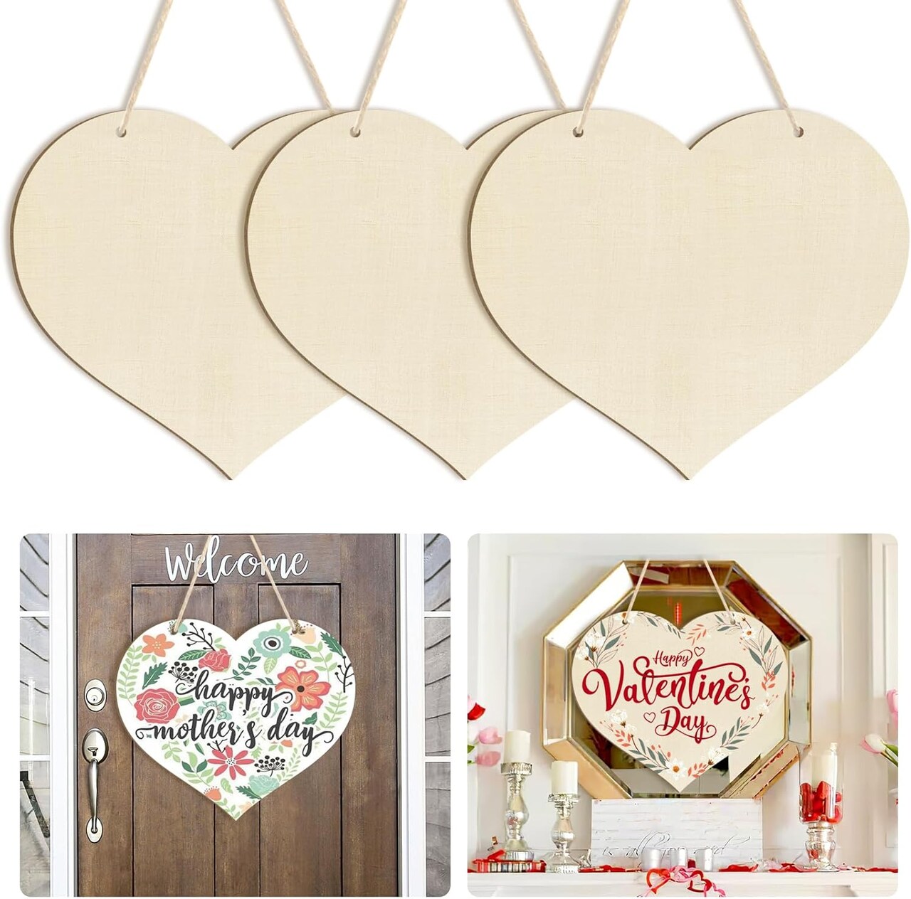 Large Size 12" Wooden Heart Ornaments to Paint-Ornament Door Hanging Sign Plaque Crafts 3PCS